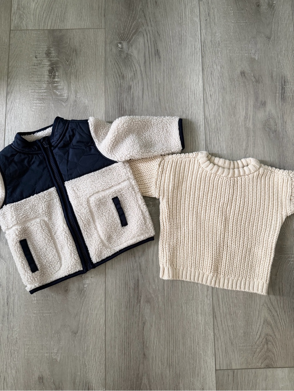 Old Navy Navy and Cream Sherpa Jacket with Cream Knit Sweater Set